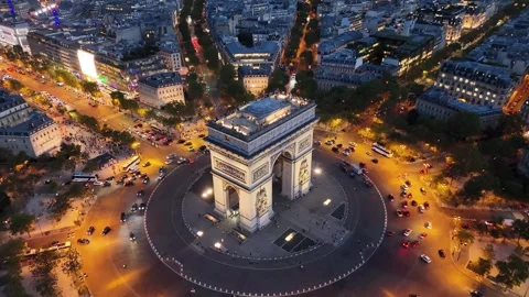 Night aerial shot of Arc de Triomphe (Arch of Triumph) in Paris, France Stock-Footage 307555829