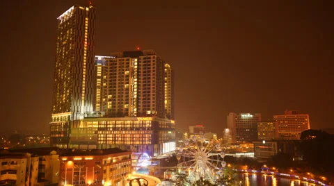 Night aerial time-lapse view of "Eye On Malacca" ferris wheel Stock Footage 53881480