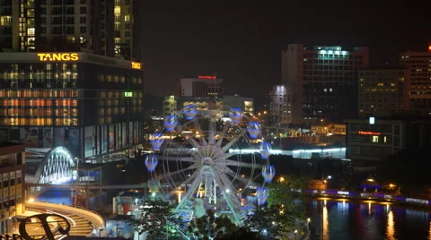 Night aerial time-lapse view of "Eye On Malacca" ferris wheel and "Malacca River Stock Footage 53886042