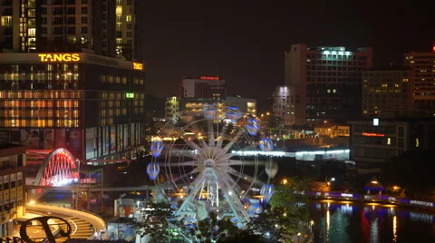 Night aerial time-lapse view of "Eye On Malacca" ferris wheel and "Malacca River Video stock 53886456