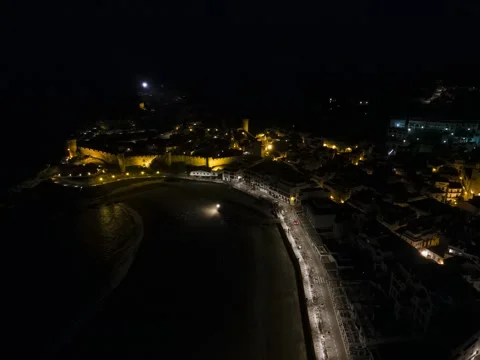 Night Aerial Timelapse of Tossa de Mar Castle Stock Footage 307129784