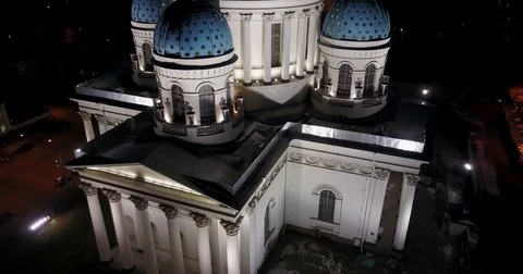 Night aerial vertical panorama of Trinity Cathedral (Troitsky Cathedral), SPb Stock Footage 73994685