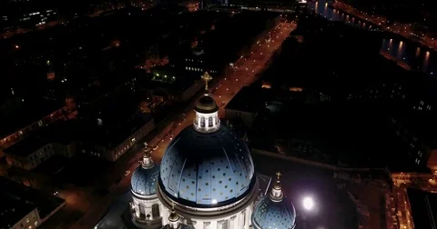 Night aerial vertical panorama of Trinity Cathedral (Troitsky Cathedral), SPb Stock Footage 73997982