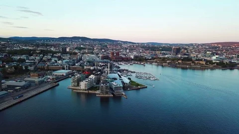 Night aerial view on Aker Brygge and Filipstad in Oslo, Norway Stock Footage