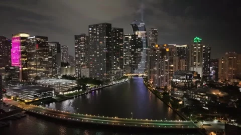 Night Aerial View of Brickell Key Drive Miami with Illuminated Skyline Stock Footage 311137648