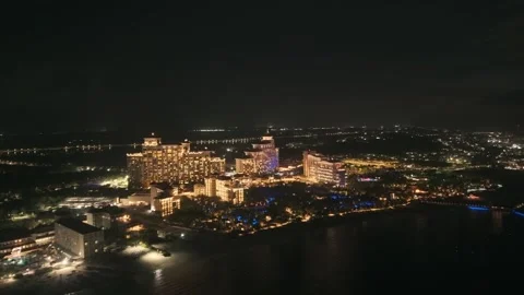 Night Aerial View of Cable Beach, Nassau, New Providence, Bahamas Stock Footage 316561867