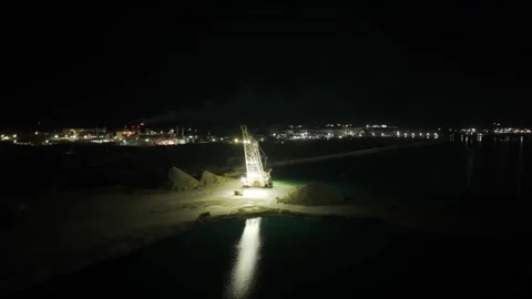 Night Aerial View of Canal Dredging Near Grand Bahama Shipyard, Freeport Stock Footage 330088564