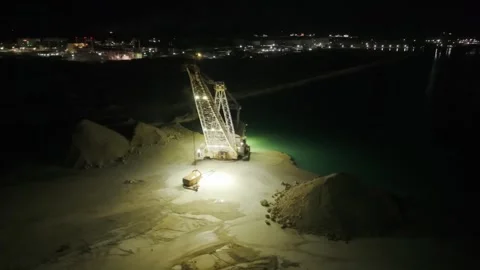 Night Aerial View of Canal Dredging Near Grand Bahama Shipyard, Freeport Stock Footage 330088652