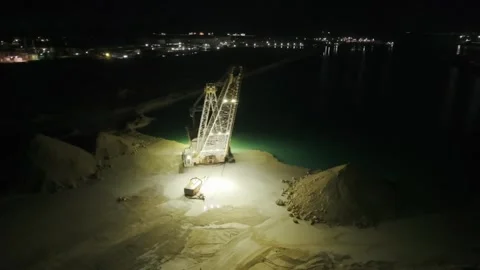 Night Aerial View of Canal Dredging Near Grand Bahama Shipyard, Freeport Stock Footage 330088655