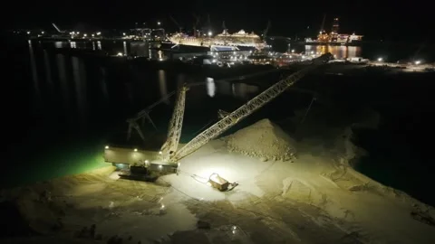 Night Aerial View of Canal Dredging Near Grand Bahama Shipyard, Freeport Stock Footage 330088743