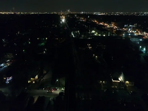 Night Aerial View Flying towards Philadelphia with Patco High Speed Line Train Stock Footage 71237228