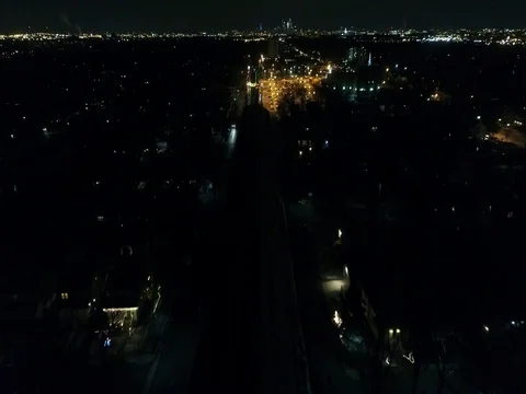 Night Aerial View Flying towards Philadelphia with Patco High Speed Line Train Stock Footage 71238029