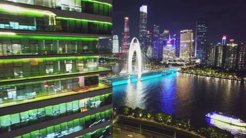 Night Aerial View of Liede Bridge and Canton Tower, Guangzhou, China Stock Footage 339641131