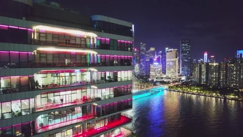 Night Aerial View of Liede Bridge and Canton Tower, Guangzhou, China Stock Footage 339641183