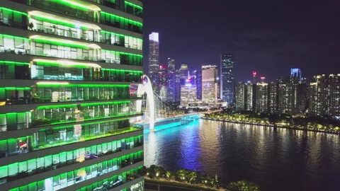 Night Aerial View of Liede Bridge and Canton Tower, Guangzhou, China Stock Footage 339641234