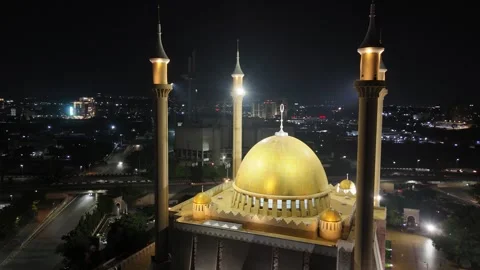Night aerial view of Mosque building Stock Footage 340296466