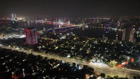 Night aerial view of skyline of Da nang city in vietnam Stock Footage 312031131