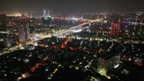 Night aerial view of skyline of Da nang city in vietnam Stock Footage 312031135
