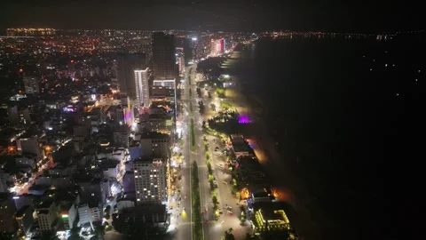 Night aerial view of skyline of Da nang city in vietnam Stock Footage 312031324