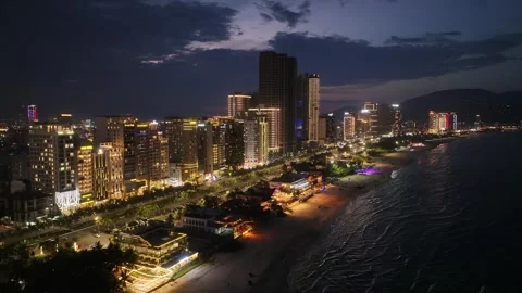 Night aerial view of skyline of Da nang city in vietnam Stock Footage 312036309