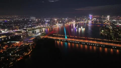 Night aerial view of skyline of Da nang city in vietnam Video stock 312037086