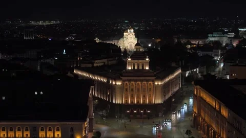 Night Aerial View of Sofia’s National Assembly and Illuminated Road Stock-Footage 321850830