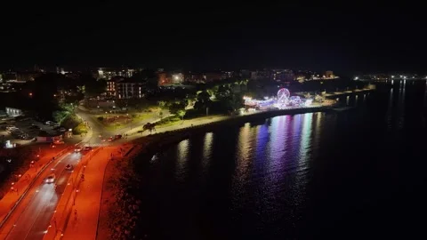 Night Aerial View from Windmill along Isthmus Road to Nesebar City Lights Stock Footage 343167433