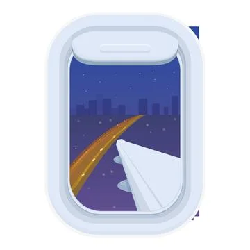 Night airplane window view icon cartoon vector. Discover jet vacation Stock Illustration