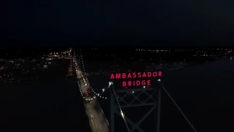 Night Ambassador Bridge Aerial Detroit Stock Footage