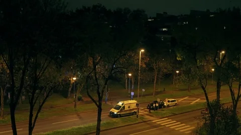 Night Ambulance Response on Quiet Tree-lined City Street - High Angle Video stock 336065315