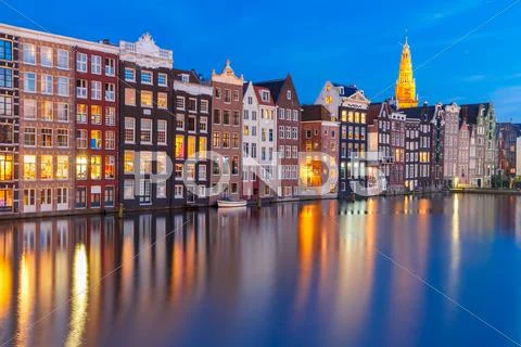 Night Amsterdam typical houses, Netherlands Stock Photos