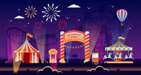 Night amusement park vector illustration. Carousels, circus, fair in park. Ca Stock Illustration