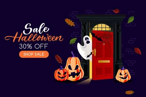 Night background with closed door, ghost, bats, pumpkin lanterns. Vector il.. Stock Illustration