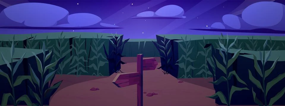 Night background with a cornfield, a fork in the road, a wooden sign, clouds Stock Illustration