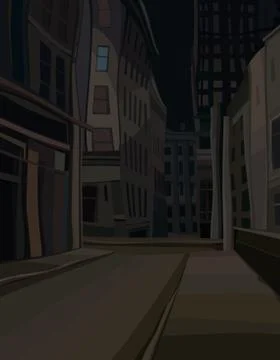 Night background of dark empty city street with cartoon houses Stock Illustration
