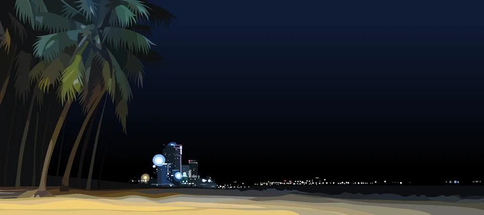 Night background of empty city beach with palm trees Stock Illustration