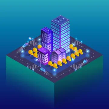 Night background isometric smart blue 3D illustration. Ilustración de archivo