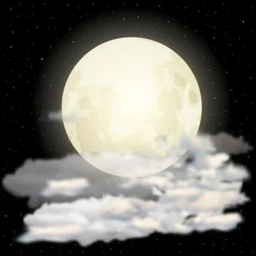 Night background, Moon, Clouds and shining Stars on dark black sky. Vector Stock Illustration