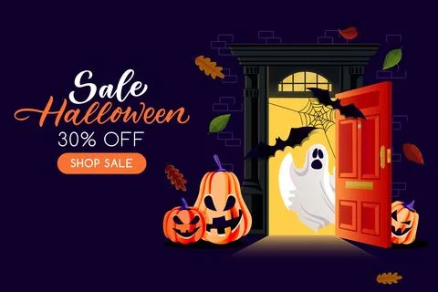 Night background with open door with ghost and pumpkin lanterns. Vector ill.. Stock Illustration