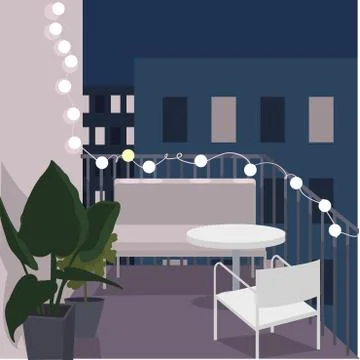 Night balcony with sofa, table and flowers.Vector illustration. Stock Illustration