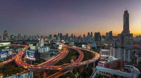 Night bangkok traffic street road junction panorama 4k time lapse thailand Stock Footage