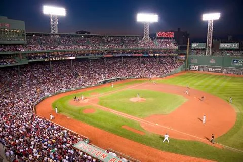 Night baseball game at historic Fenway Park, Boston Red Sox, Boston, Ma., USA, Stock Photos
