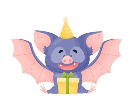 Night Bat Sitting in Front of Gift Box Vector Illustration Stock Illustration