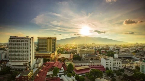 Night Bazaar, Sunset with cloudy sky and lens flare - Chiang mai, Thailand Video stock 76695204