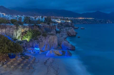 Night on the beach of Nerja Stock Photos