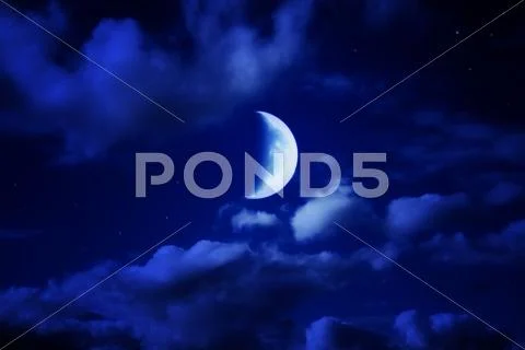 Night beautiful blue sky with cumulus clouds, moon and stars Stock Photos