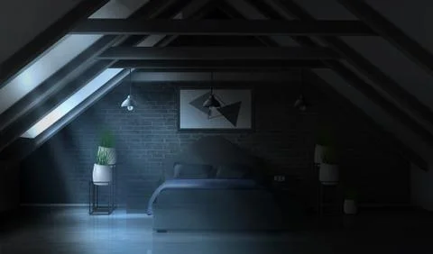 Night bedroom on attic, empty moonlight interior Stock Illustration