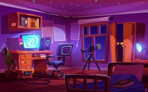 Night bedroom interior with computer, telescope 스톡 일러스트