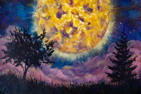 Night black trees against backdrop of beautiful night starry sky and  huge lu Ilustración de archivo