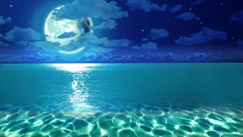 Night blue sea, big moon and moving clouds Stock Footage